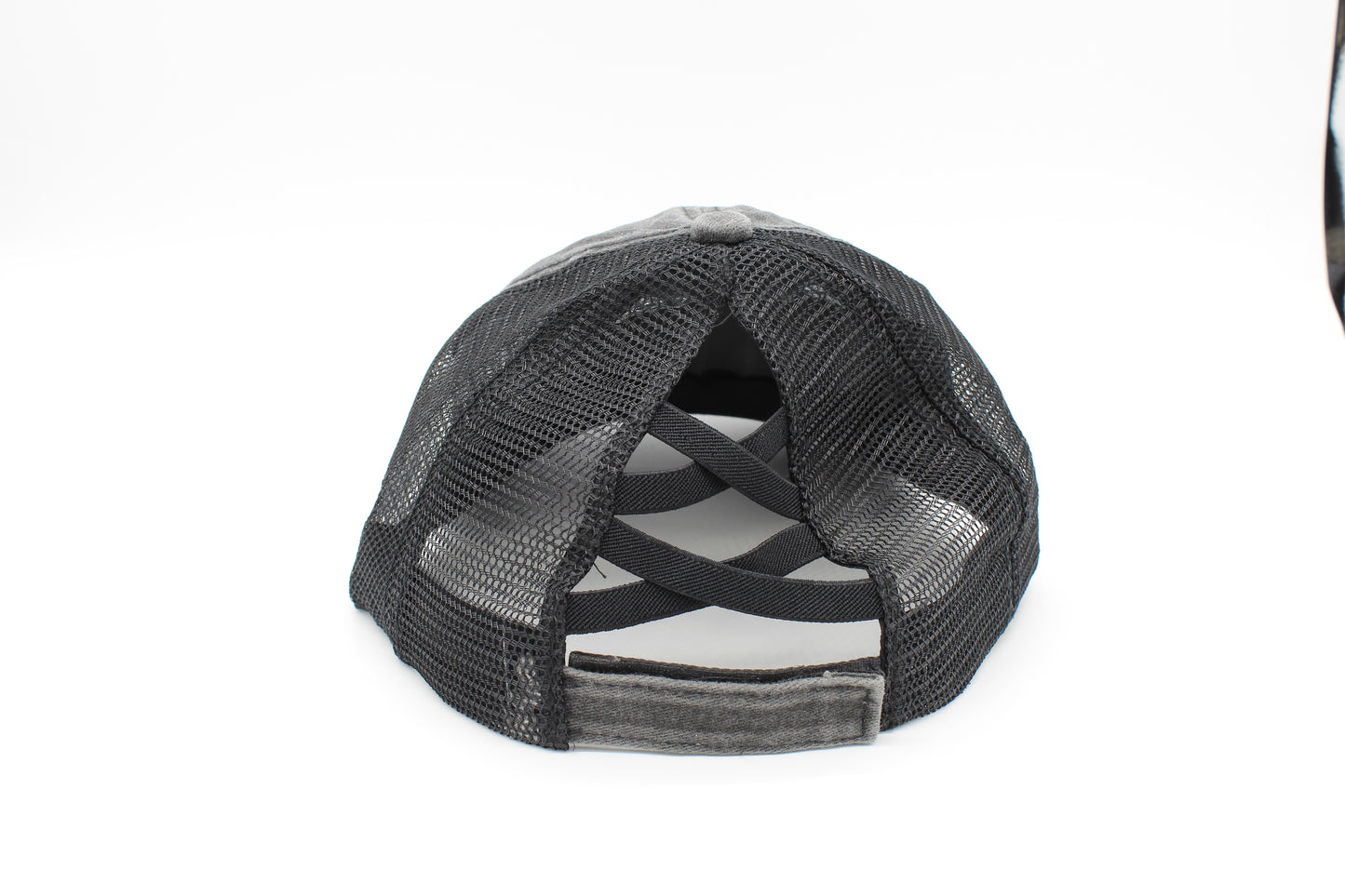 Distressed Black Criss-Cross Ponytail hat