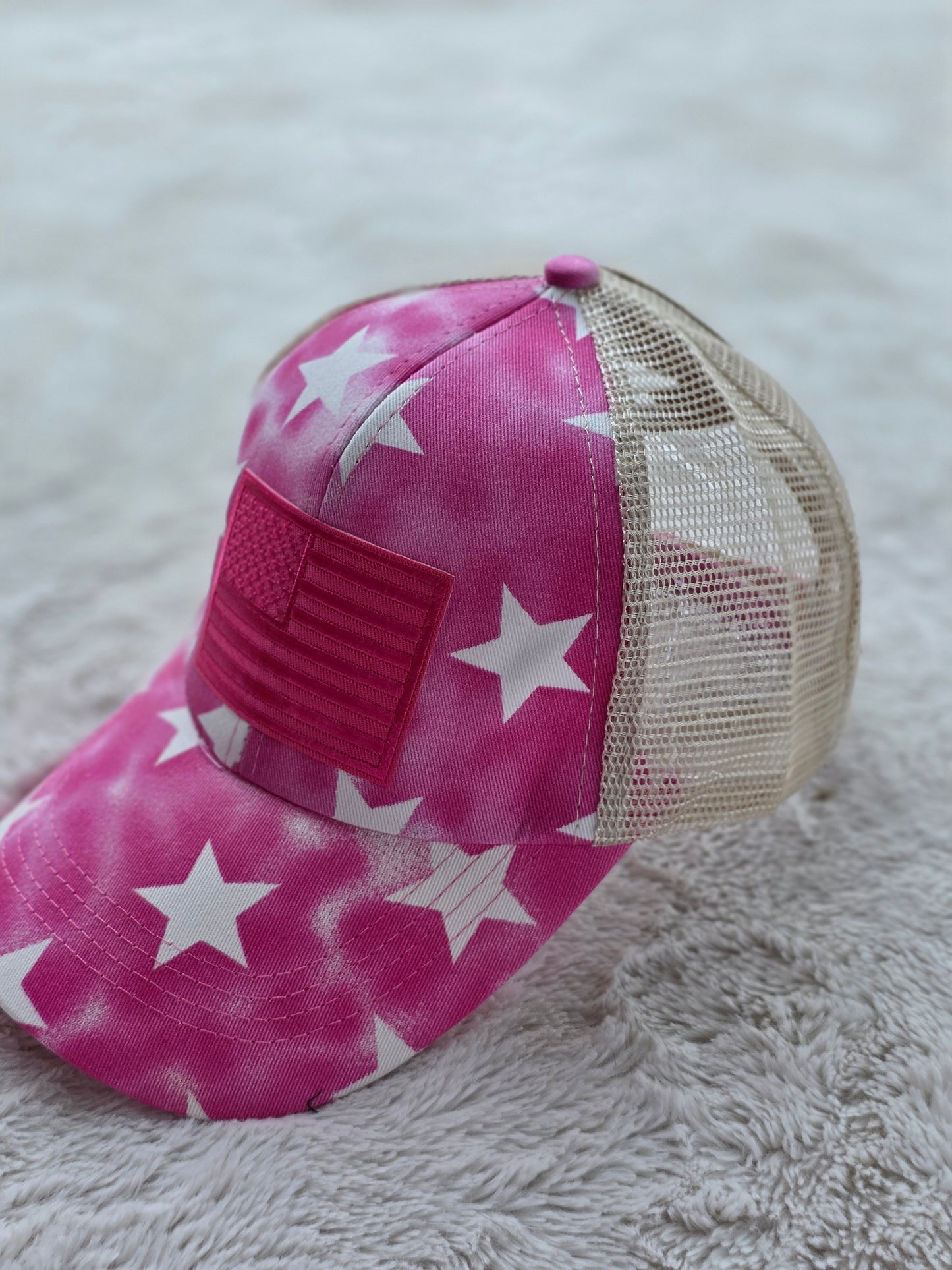 Pink Stars American Flag Trucker Hat