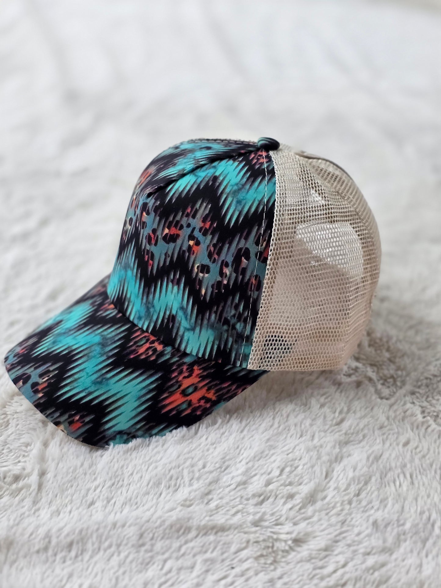 Turquoise Tribal Leopard Criss Cross Ponytail Hat
