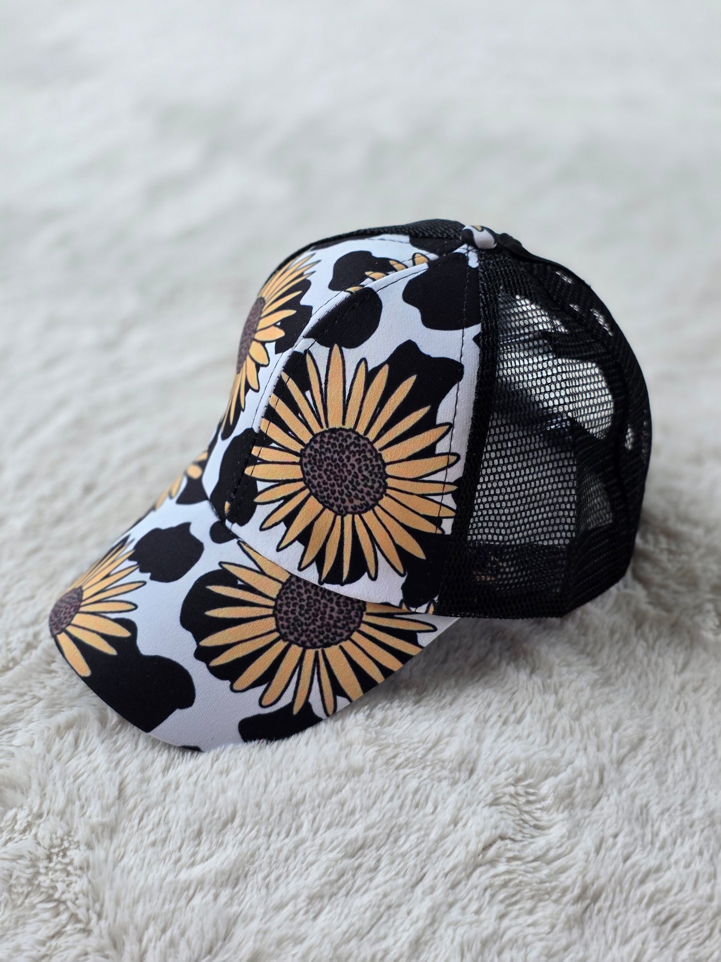 Sunflower Cow Print Criss Cross Ponytail Hat