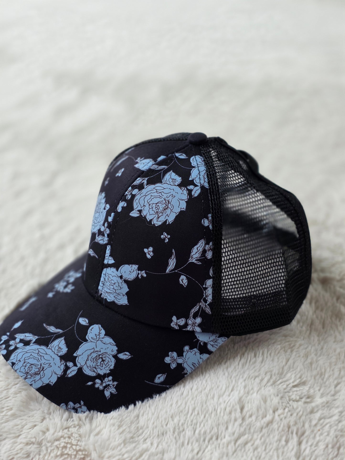 Midnight Blue Floral Criss Cross Ponytail Hat