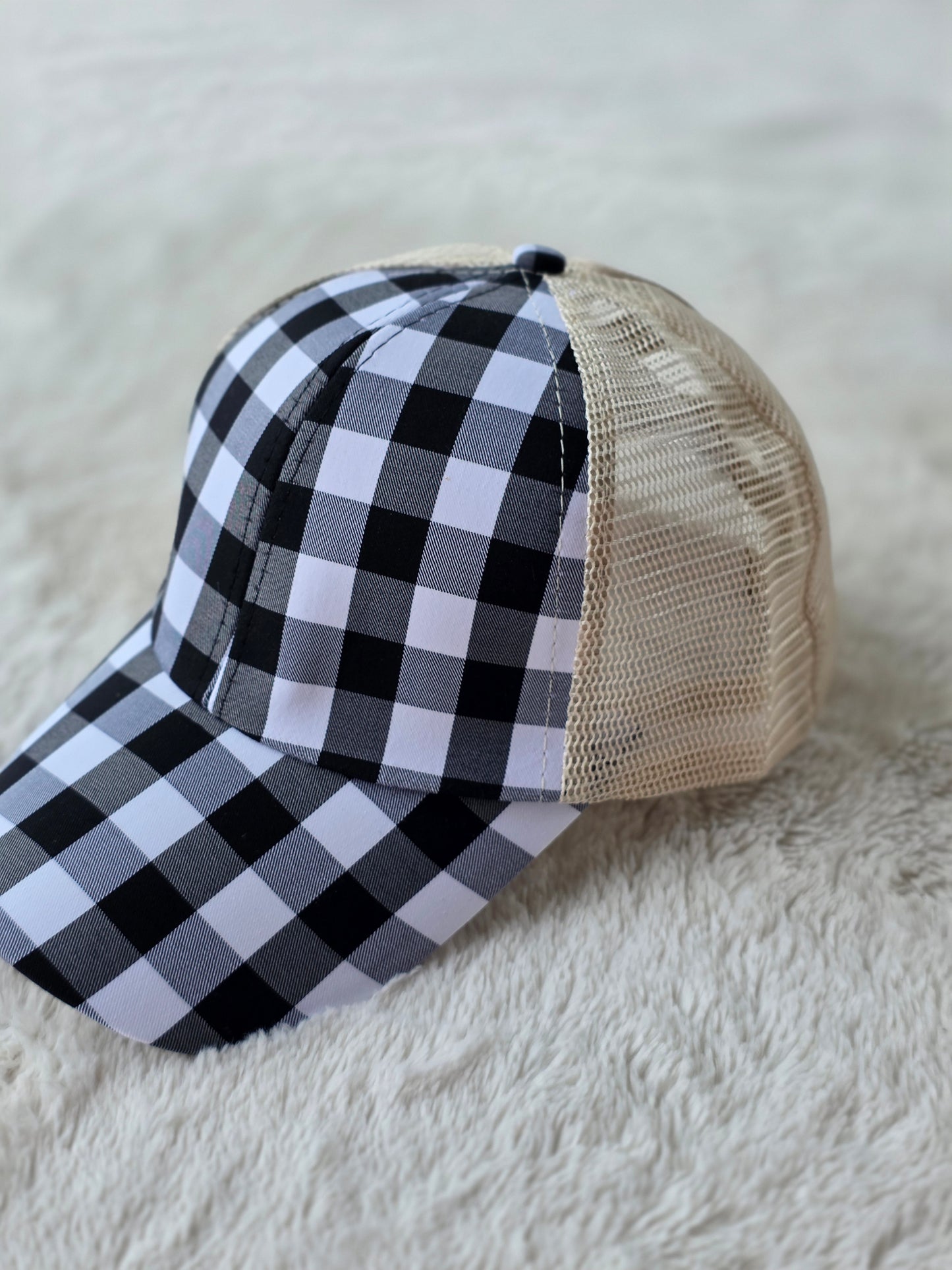 Classic Black & White Buffalo Plaid Criss Cross Ponytail Hat