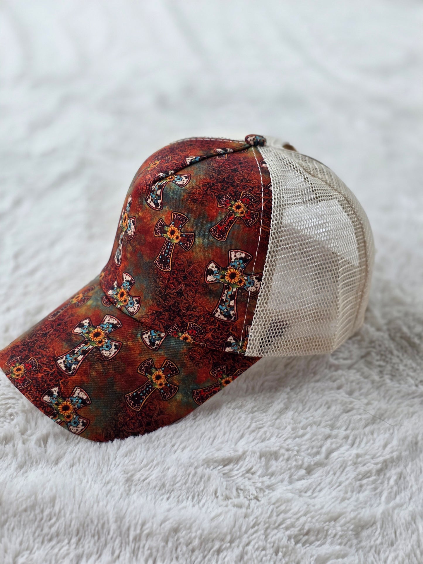 Rustic Sunflower Cross Criss Cross Ponytail Hat