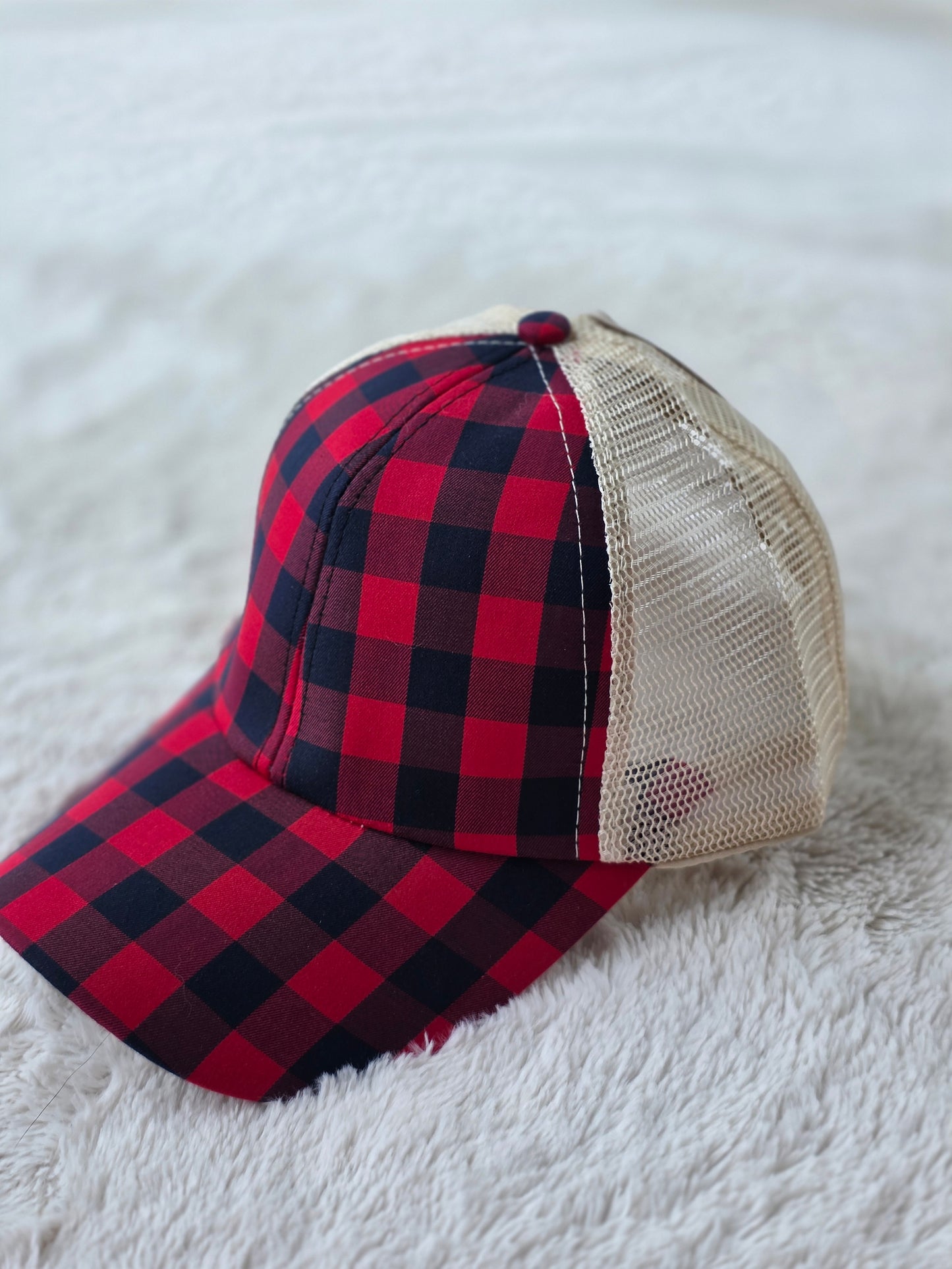 Red Buffalo Plaid Criss Cross Ponytail Hat