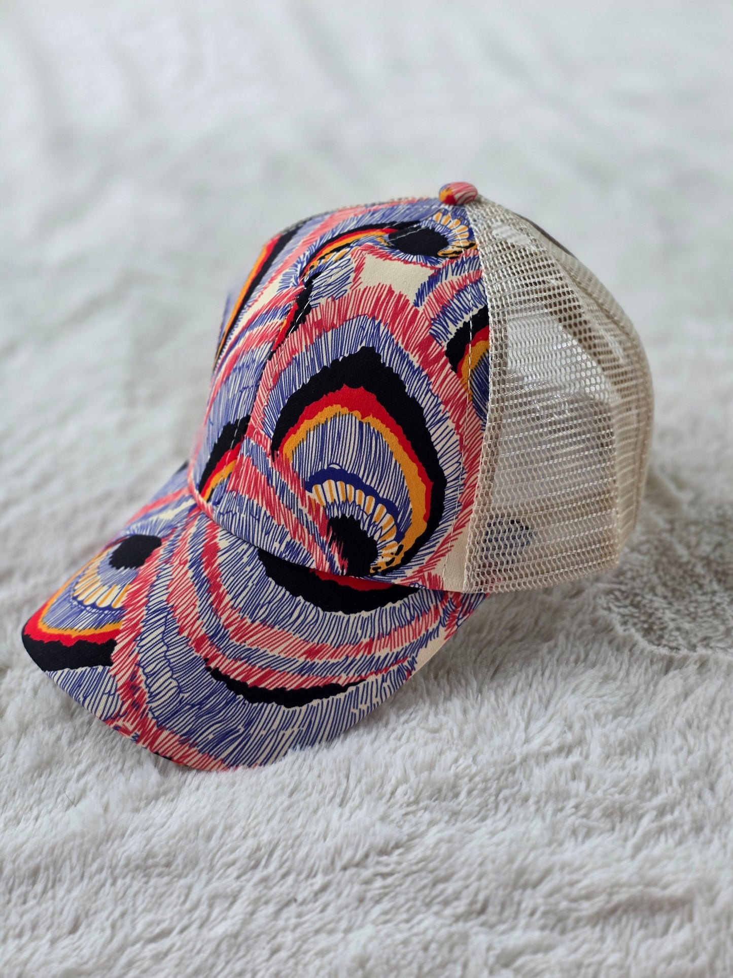 Abstract Rainbow Criss Cross Ponytail Hat