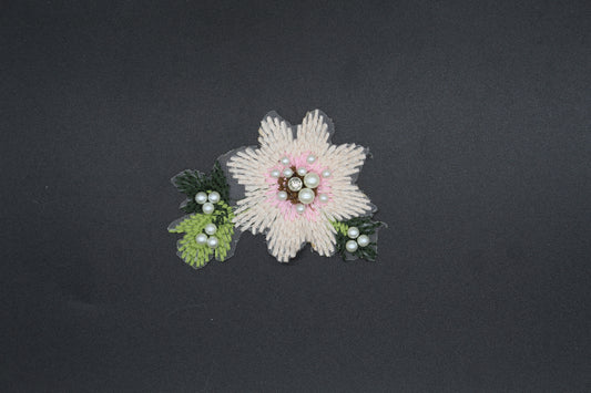 Pearl Floral Embroidered Patch | Elegant Flower Appliqué with Pearl Details for Jackets, Dresses & Bags