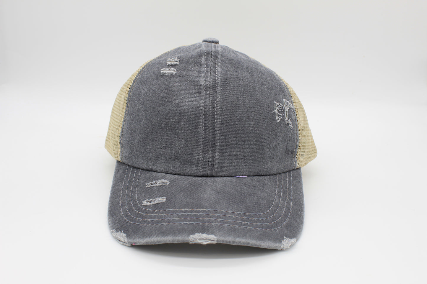 Distressed Gray Ponytail Trucker Hat