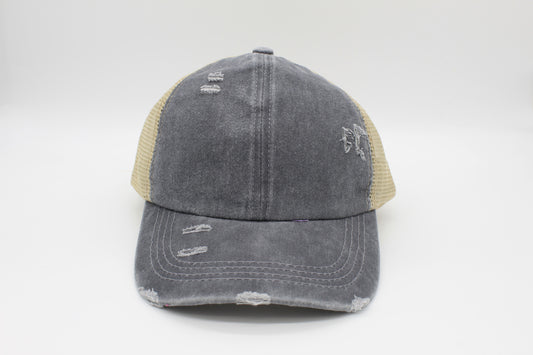 Distressed Gray Ponytail Trucker Hat