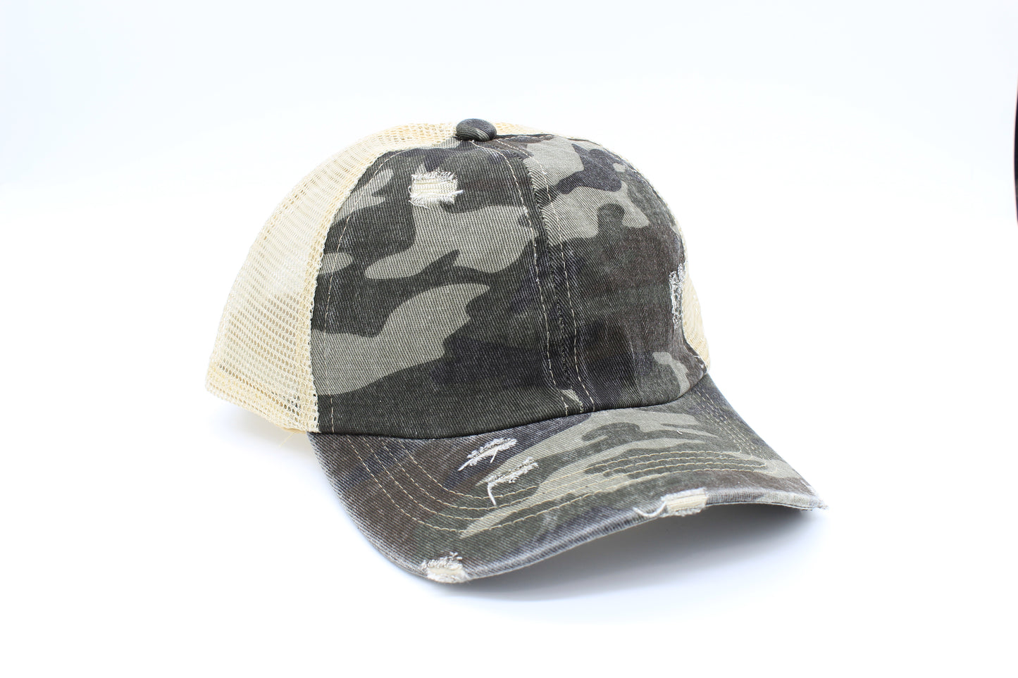 Distressed Dark Camo Criss-Cross ponytail hat