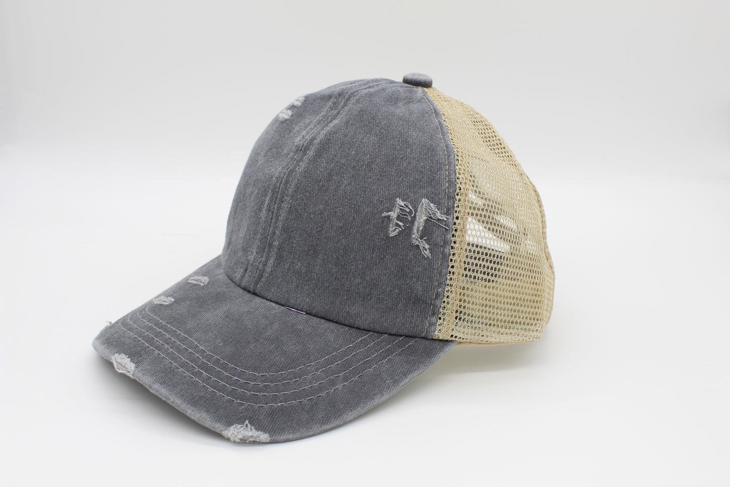 Distressed Gray Ponytail Trucker Hat