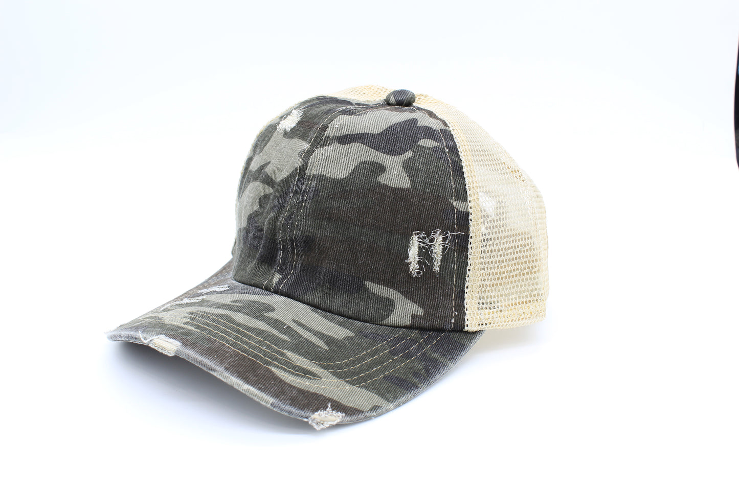 Distressed Dark Camo Criss-Cross ponytail hat