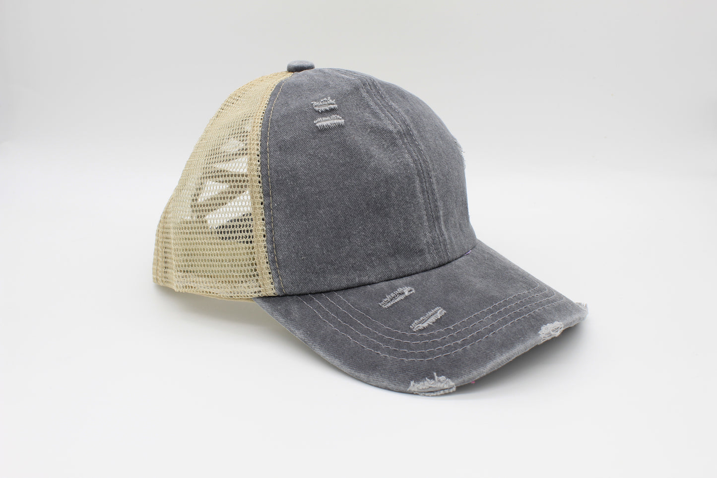 Distressed Gray Ponytail Trucker Hat