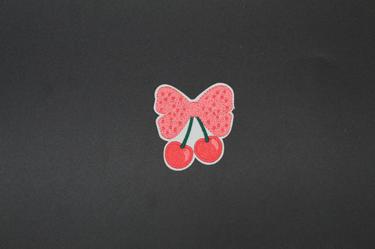 Pink Cherry Bow Embroidered Patch | Cute Coquette Style Iron-On Appliqué for Jackets, Bags & Hats