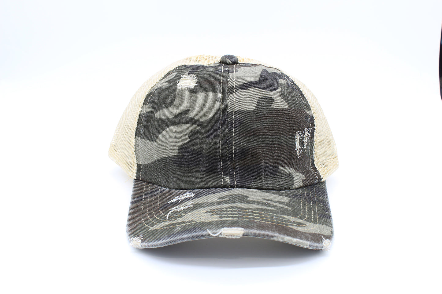 Distressed Dark Camo Criss-Cross ponytail hat