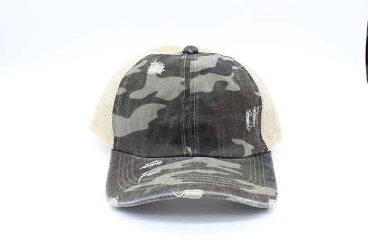 Distressed Dark Camo Criss-Cross ponytail hat