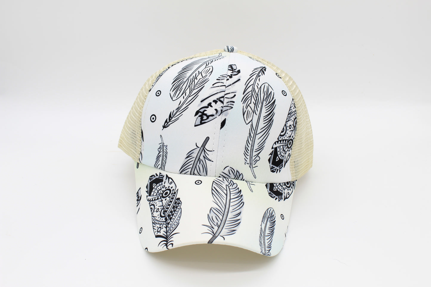Boho Feather Criss-Cross Ponytail Hat