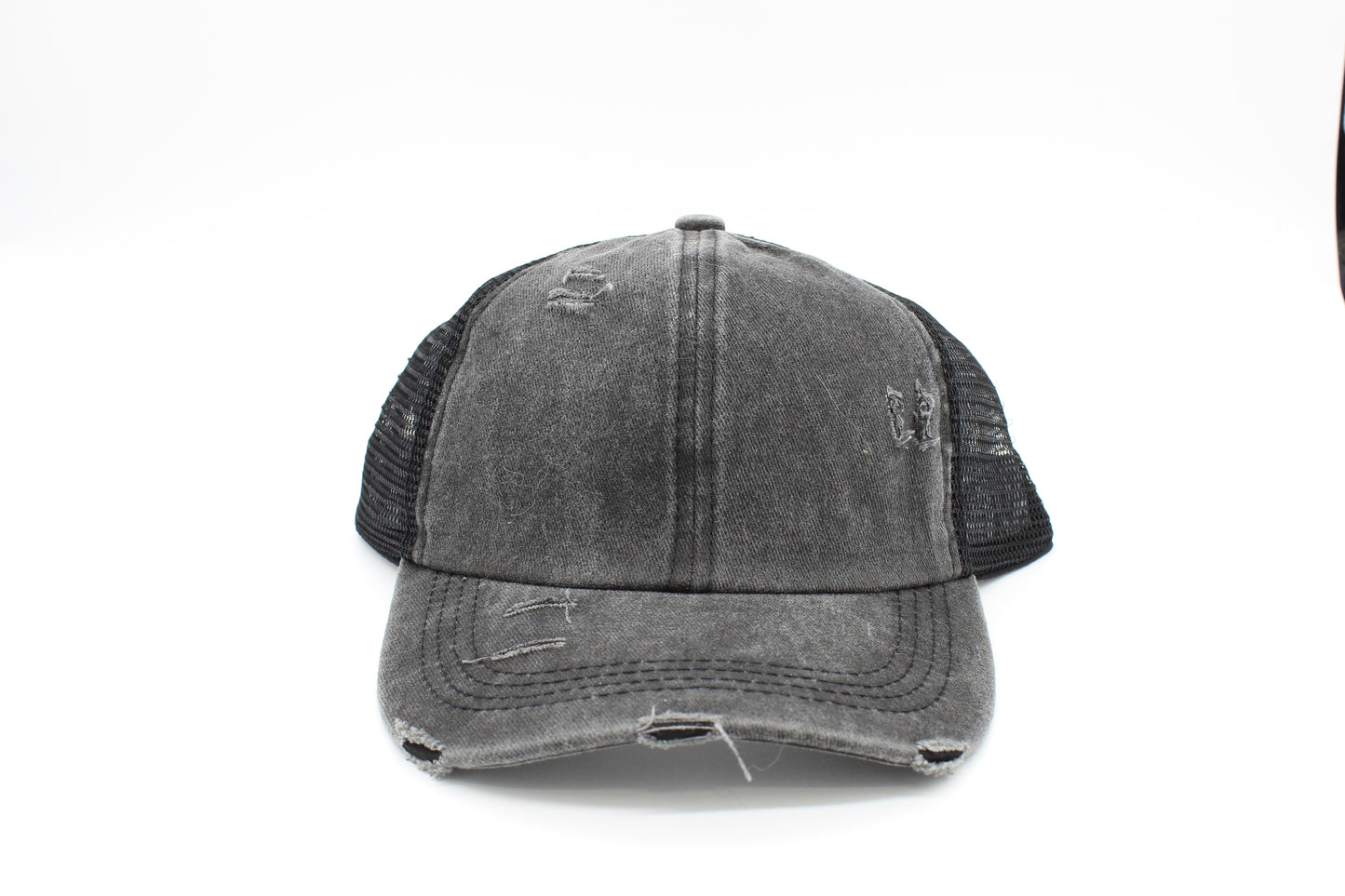 Distressed Black Criss-Cross Ponytail hat