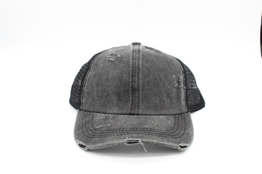Distressed Black Criss-Cross Ponytail hat
