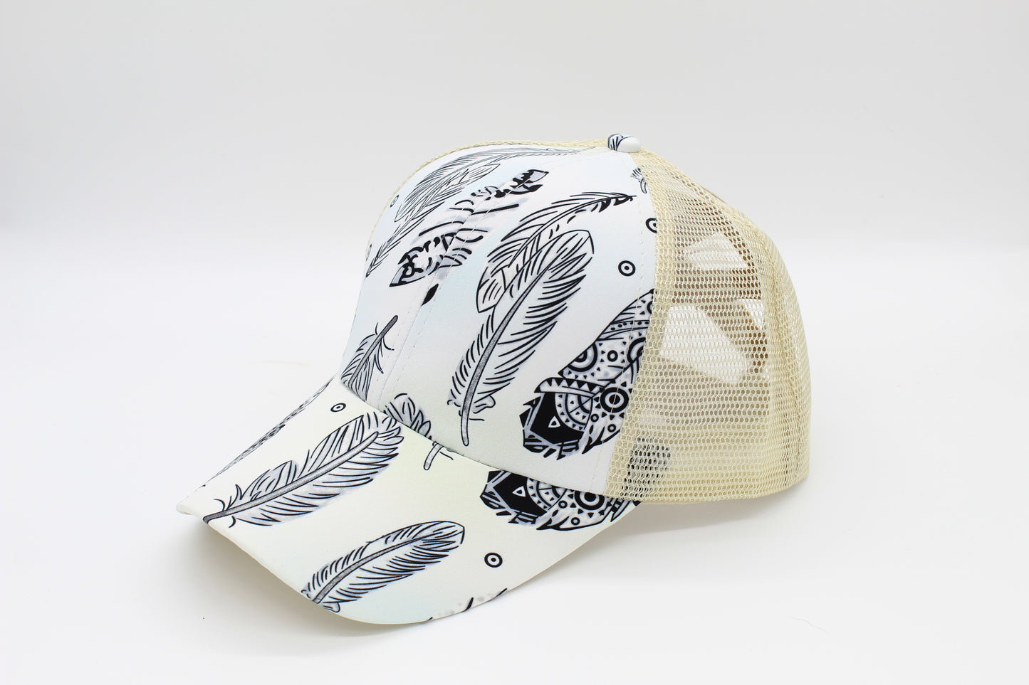 Boho Feather Criss-Cross Ponytail Hat