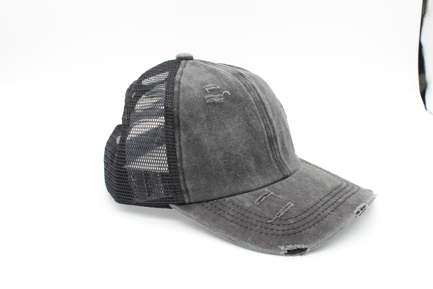 Distressed Black Criss-Cross Ponytail hat