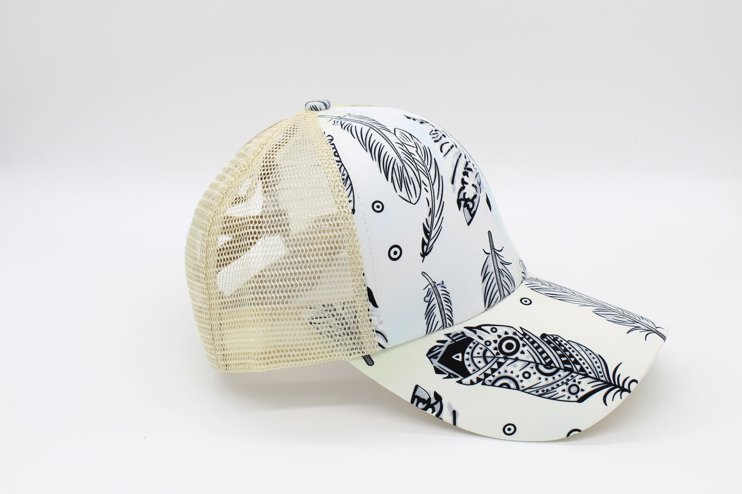 Boho Feather Criss-Cross Ponytail Hat