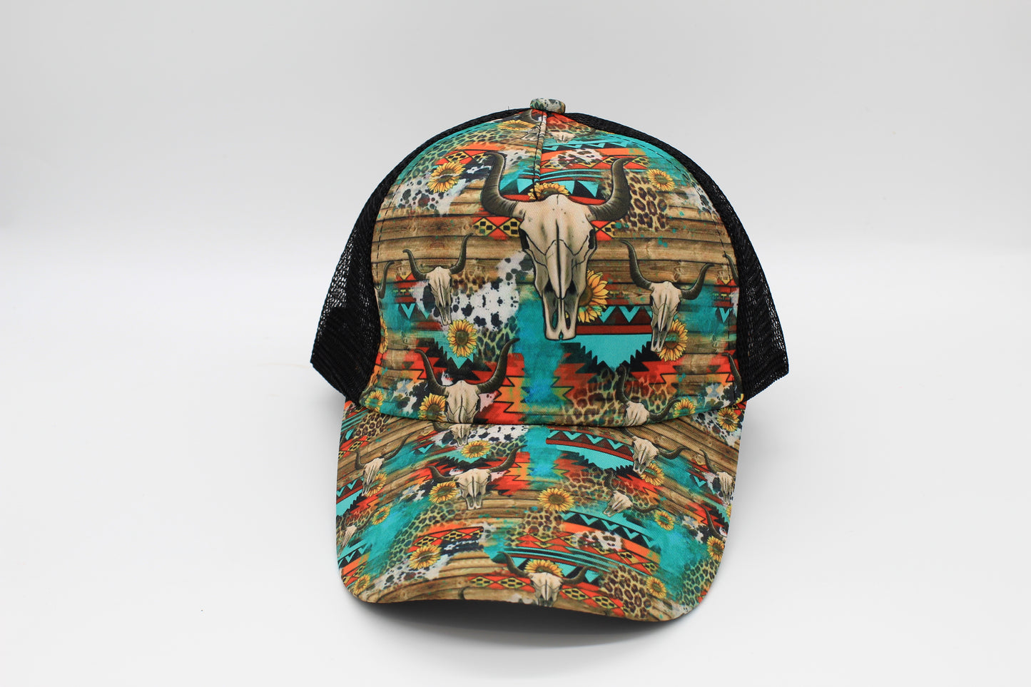 Western Skull Aztec Criss-Cross Ponytail Hat