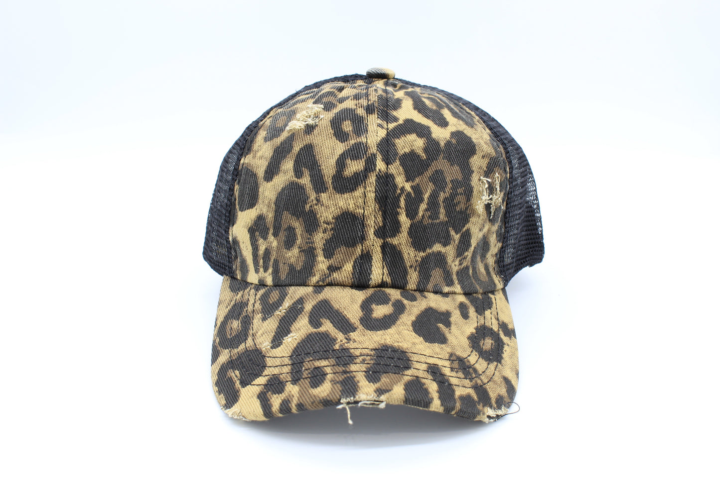 Distressed Cheetah Pattern Criss-Cross Ponytail Hat