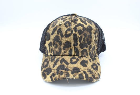 Distressed Cheetah Pattern Criss-Cross Ponytail Hat