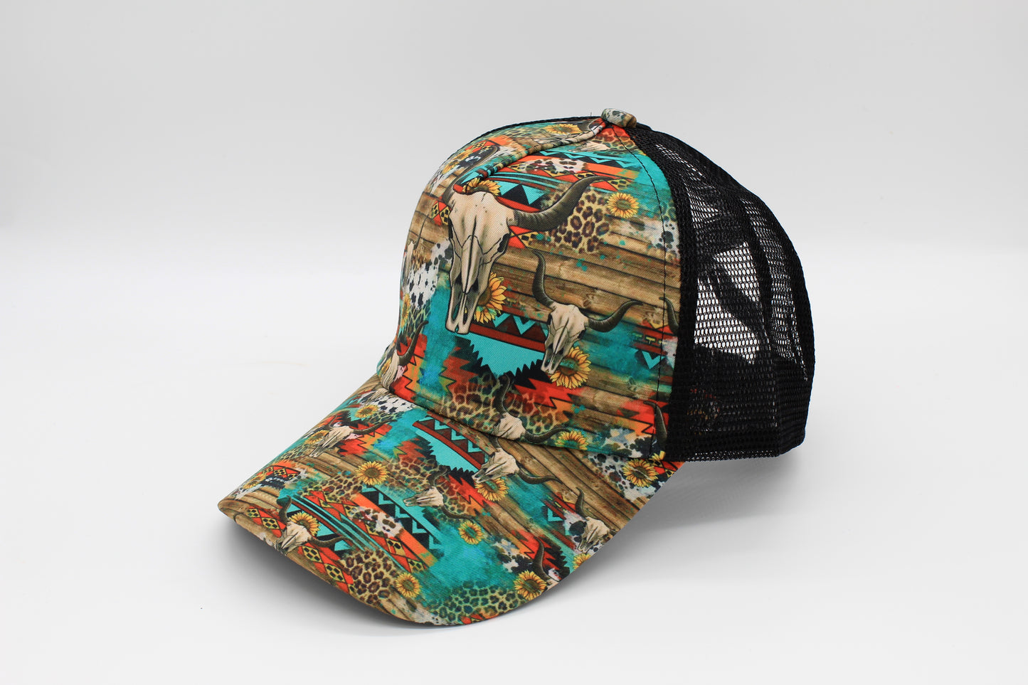 Western Skull Aztec Criss-Cross Ponytail Hat