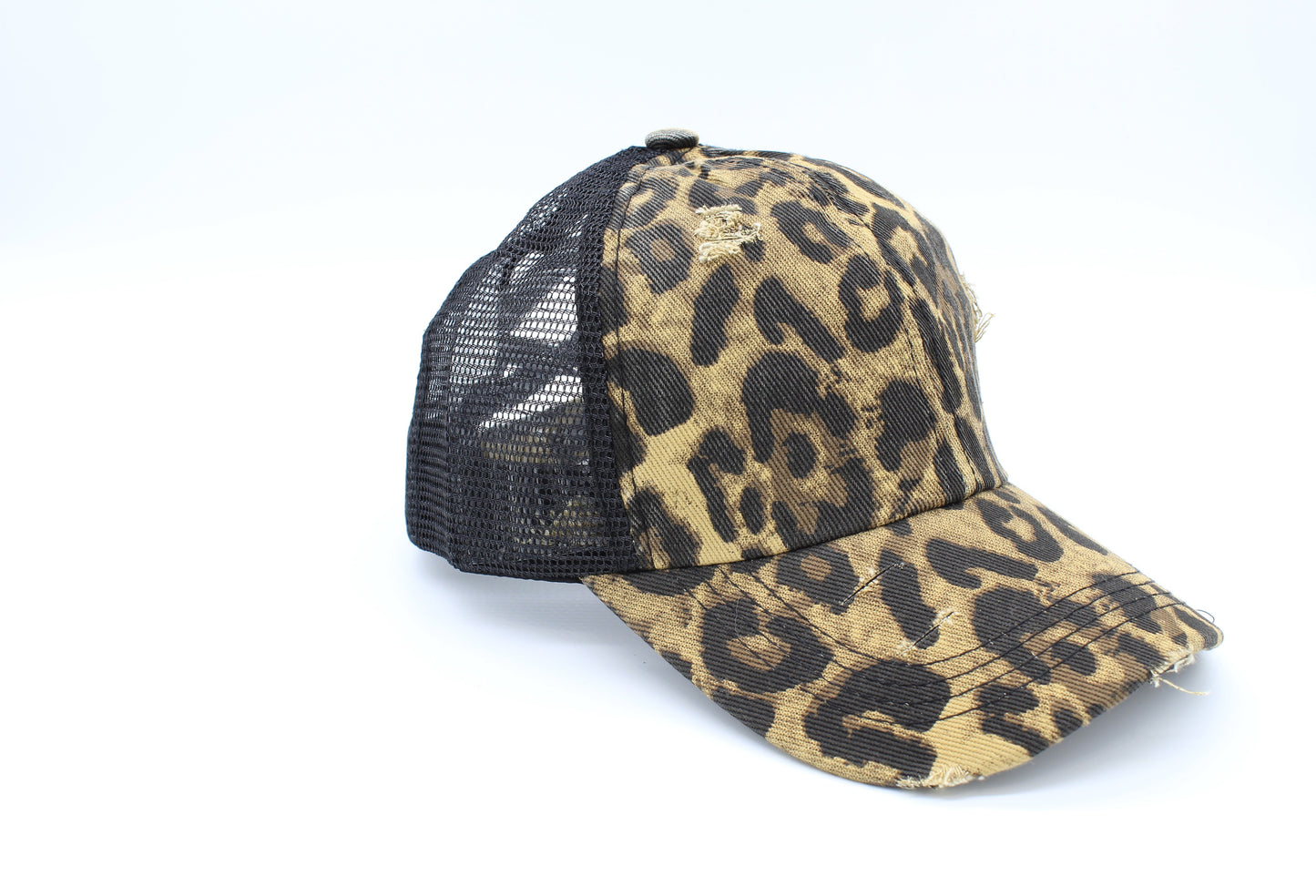 Distressed Cheetah Pattern Criss-Cross Ponytail Hat