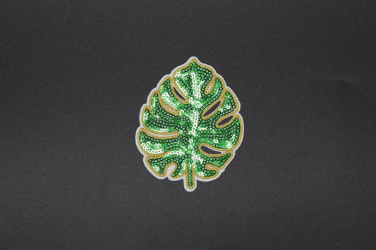 Green Sequin Monstera Leaf Patch – Tropical Jungle Iron-On Appliqué