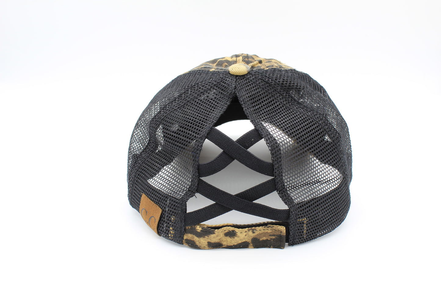 Distressed Cheetah Pattern Criss-Cross Ponytail Hat