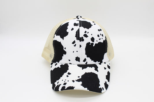 Classic Cow Print Criss-Cross Ponytail Hat