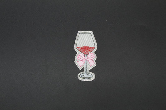 Coquette Wine Glass Embroidered Patch | Girly Bow Wine Iron-On Appliqué for Jackets, Bags & Hats