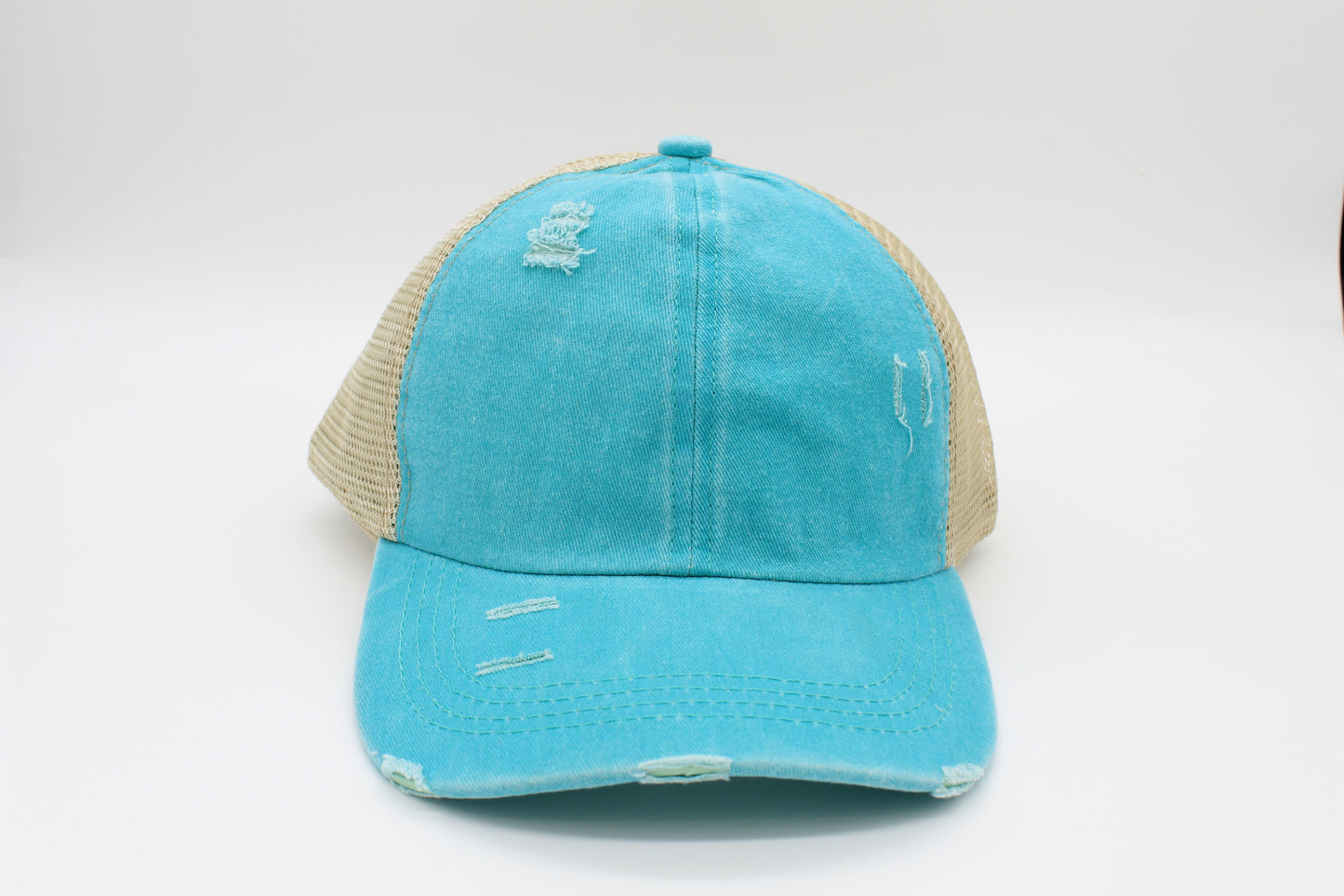 Distressed Teal Ponytail Trucker Hat