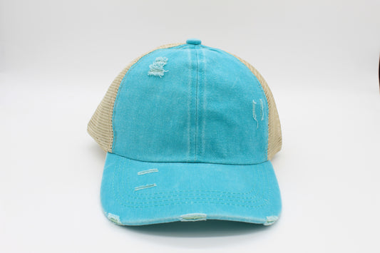 Distressed Teal Ponytail Trucker Hat