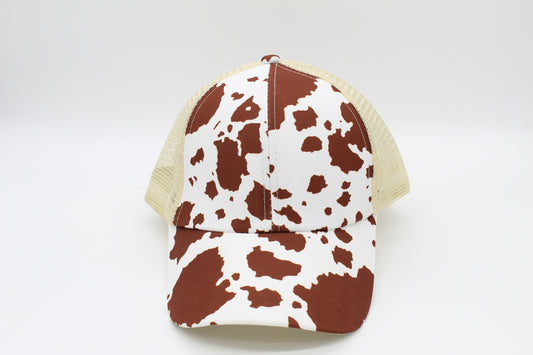 Brown Cow Print Criss-Cross Ponytail Hat