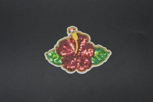 Red Hibiscus Flower Sequin Patch – Tropical Hawaiian Iron-On Appliqué