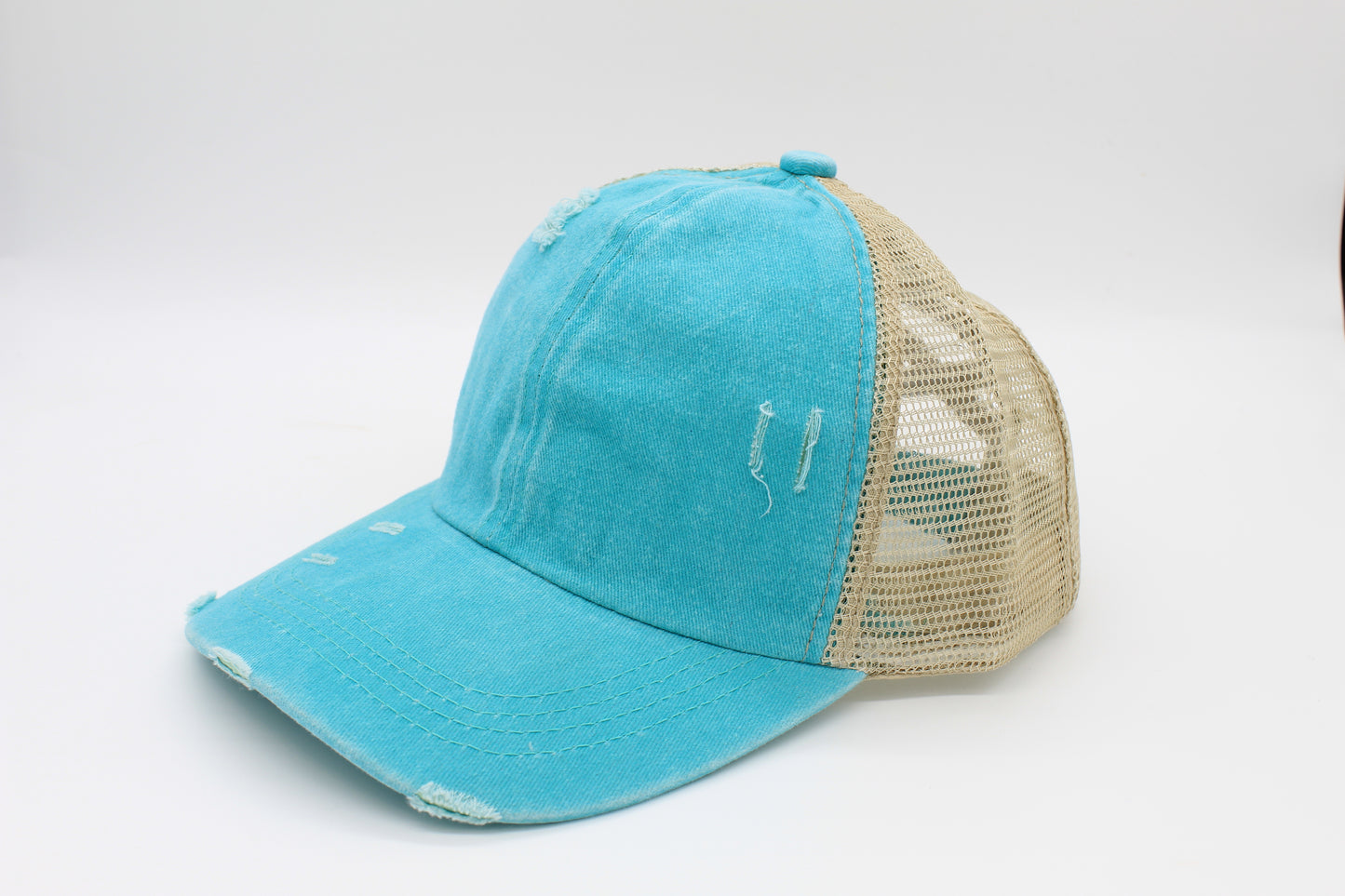 Distressed Teal Ponytail Trucker Hat