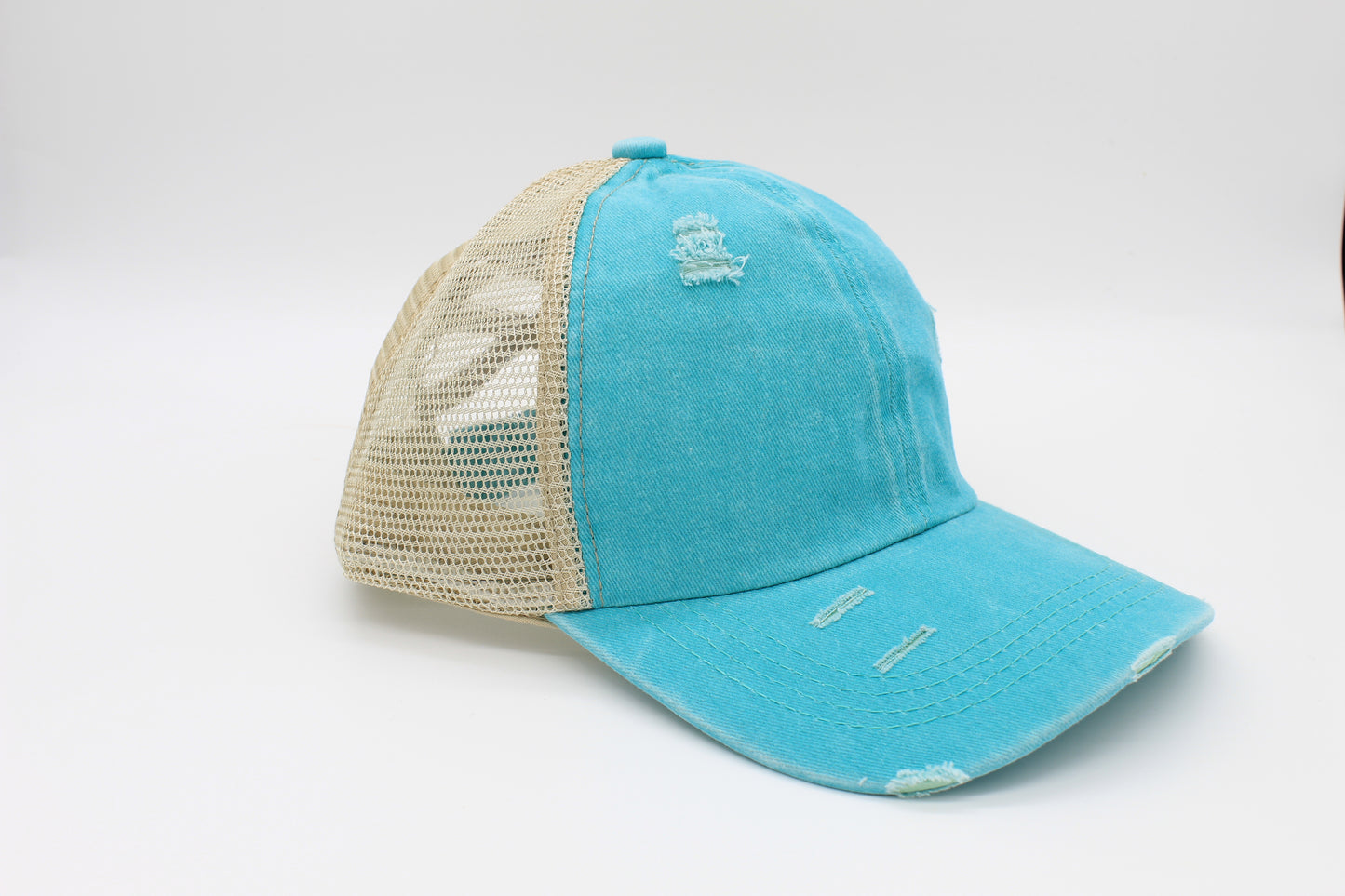 Distressed Teal Ponytail Trucker Hat