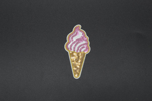 Pink Ice Cream Cone Sequin Patch – Cute Summer Dessert Iron-On Appliqué