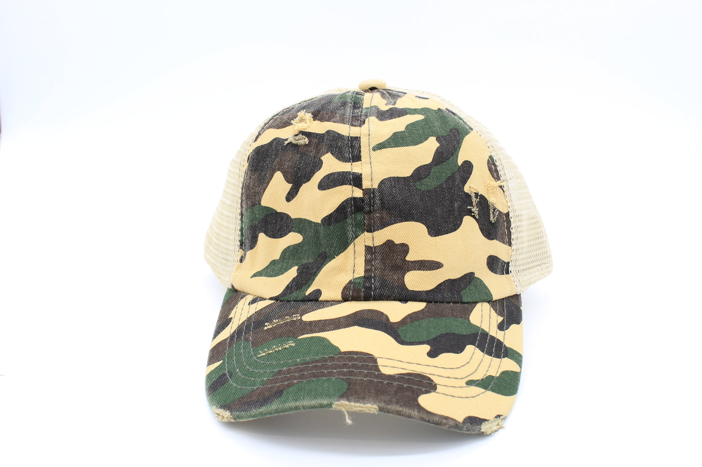 Distressed Camo Criss-Cross Ponytail hat