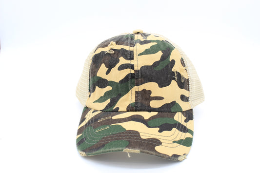 Distressed Camo Criss-Cross Ponytail hat