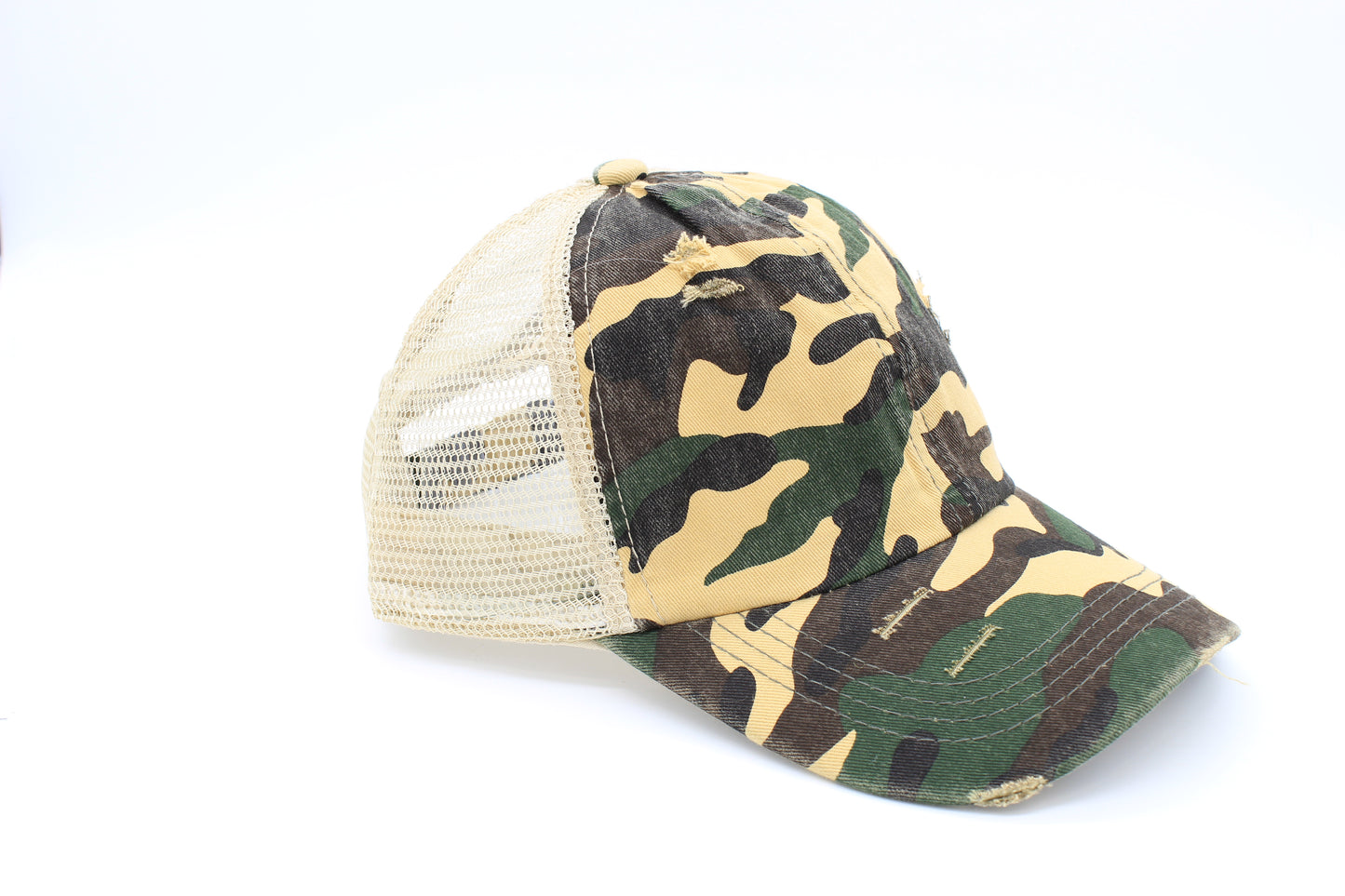 Distressed Camo Criss-Cross Ponytail hat
