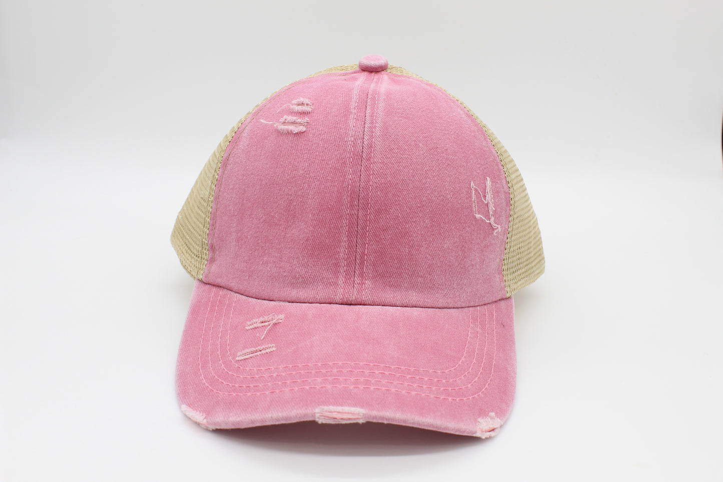 Distressed Pink Ponytail Trucker Hat