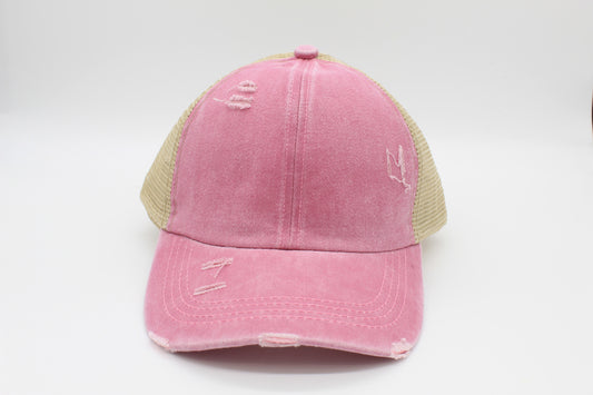 Distressed Pink Ponytail Trucker Hat