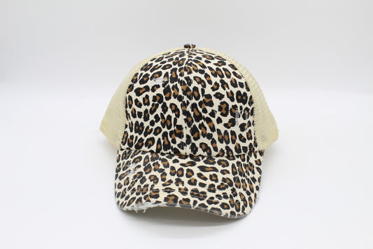 Leopard Print Criss-Cross Ponytail Hat