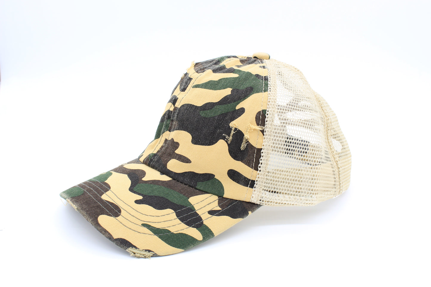 Distressed Camo Criss-Cross Ponytail hat