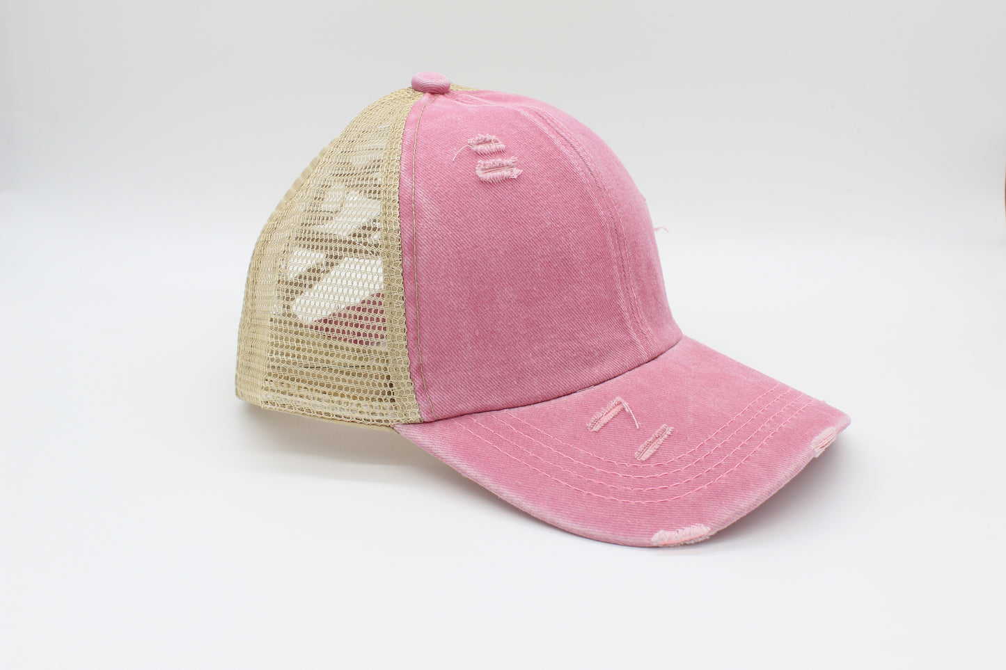 Distressed Pink Ponytail Trucker Hat