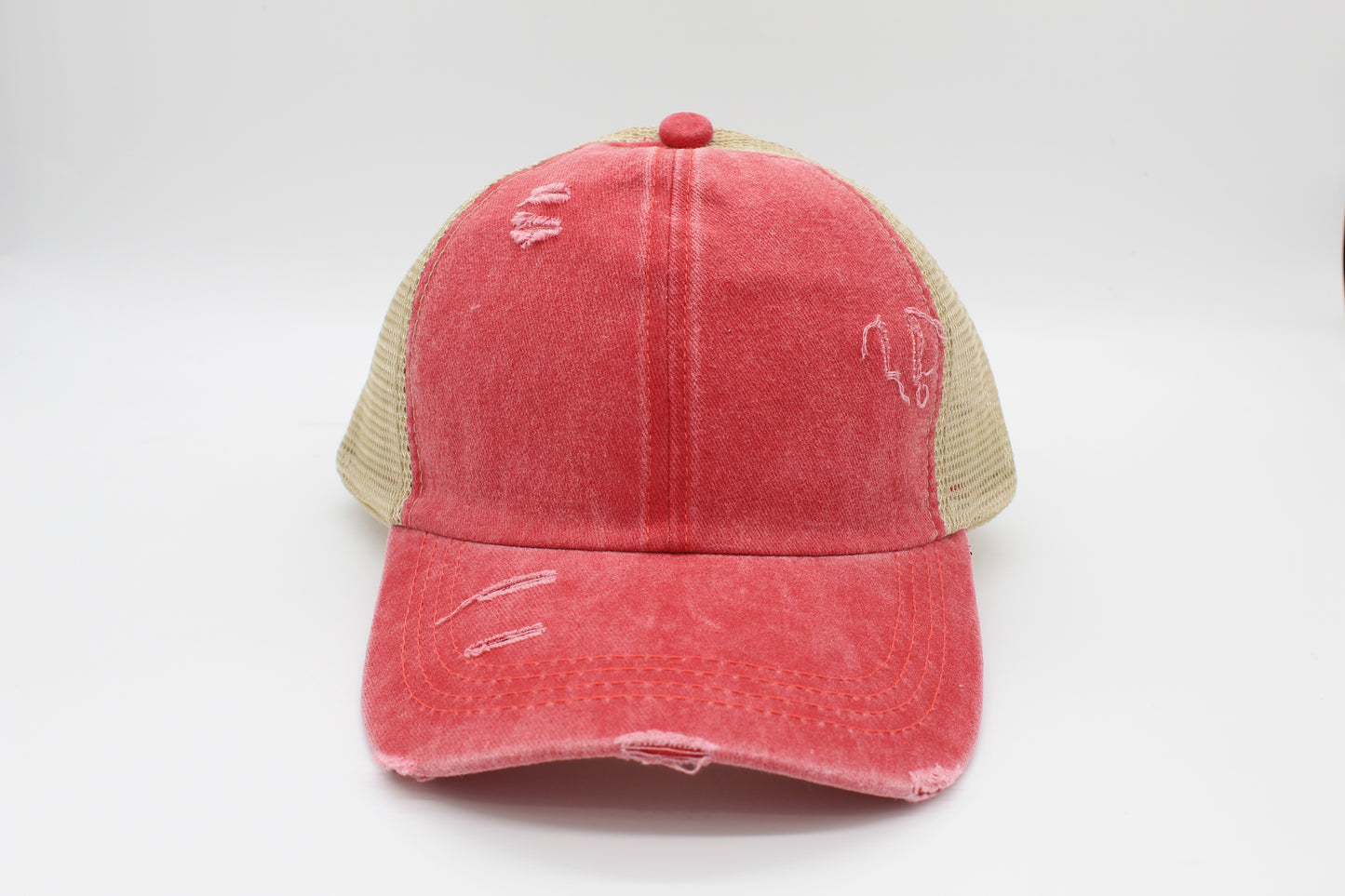 Distressed Raspberry Ponytail Trucker Hat